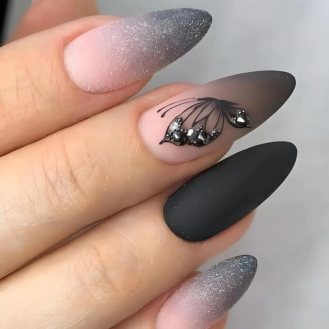 Black Press on Nails Almond Medium Fake Nails with 3D Butterfly Designs Glossy French Tip Acrylic Nails Press ons Gradient Artificial Nails Cute Stick on Nails Almond French Glue on Nails for Women