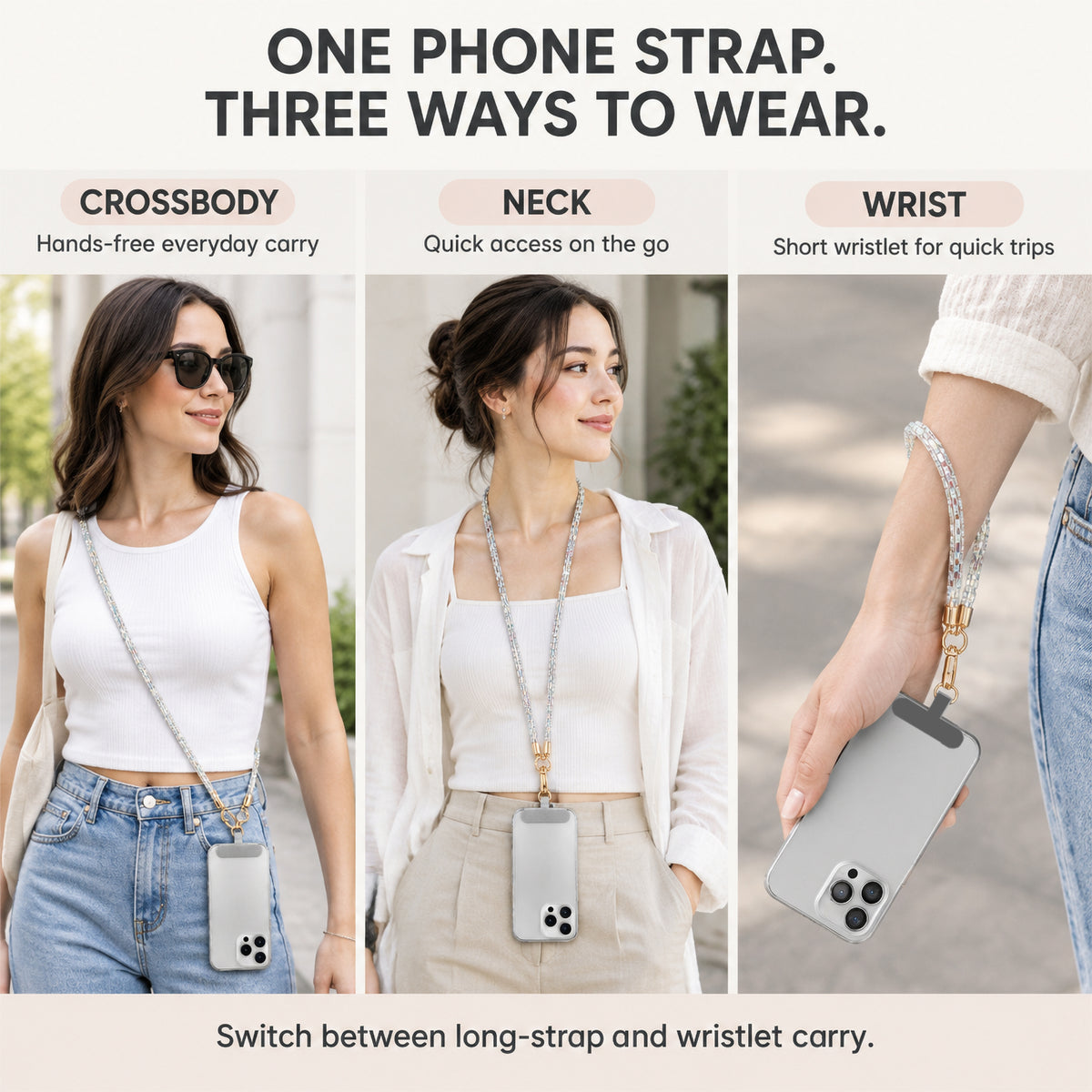 Crystal Phone Lanyard, 3-Way Crossbody, Neck & Wristlet Strap
