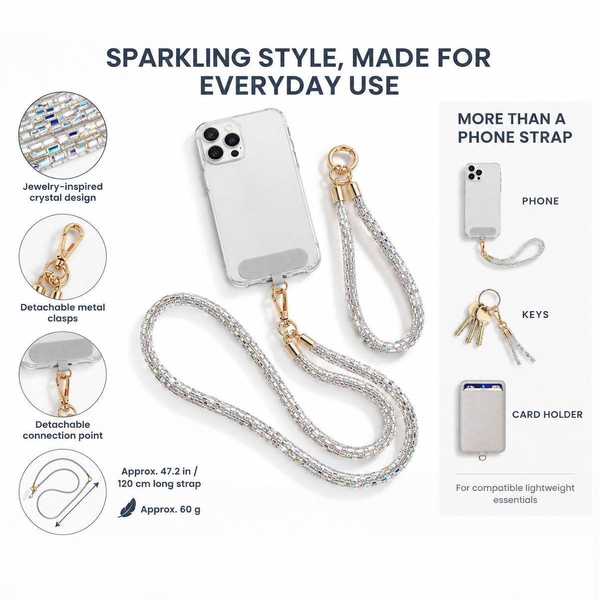 Crystal Phone Lanyard, 3-Way Crossbody, Neck & Wristlet Strap